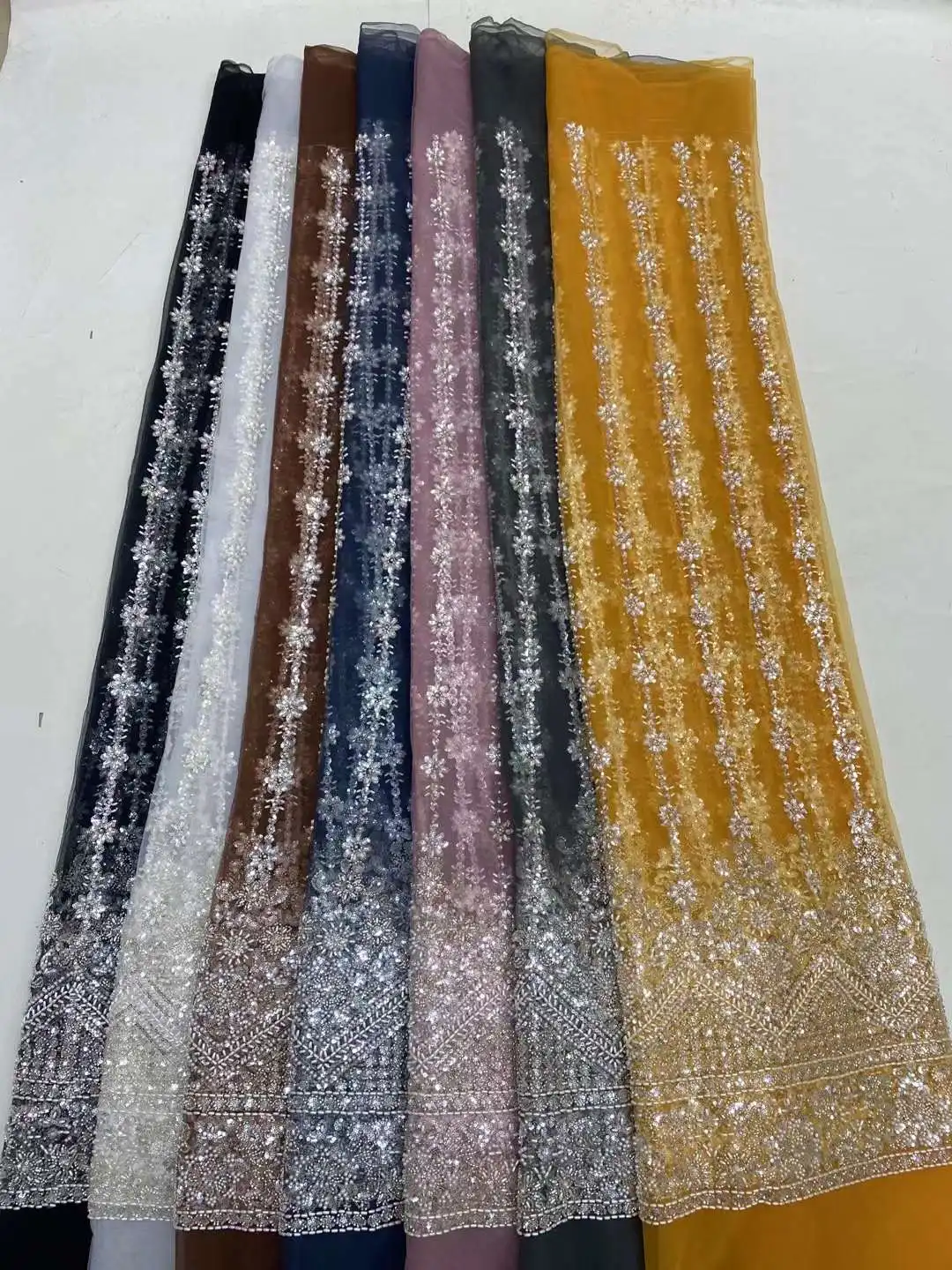 Luxury African Beaded Lace Fabric 2024 High Quality 5 Yards Nigerian Sequins Groom French Lace Fabric for Wedding Party Sewing