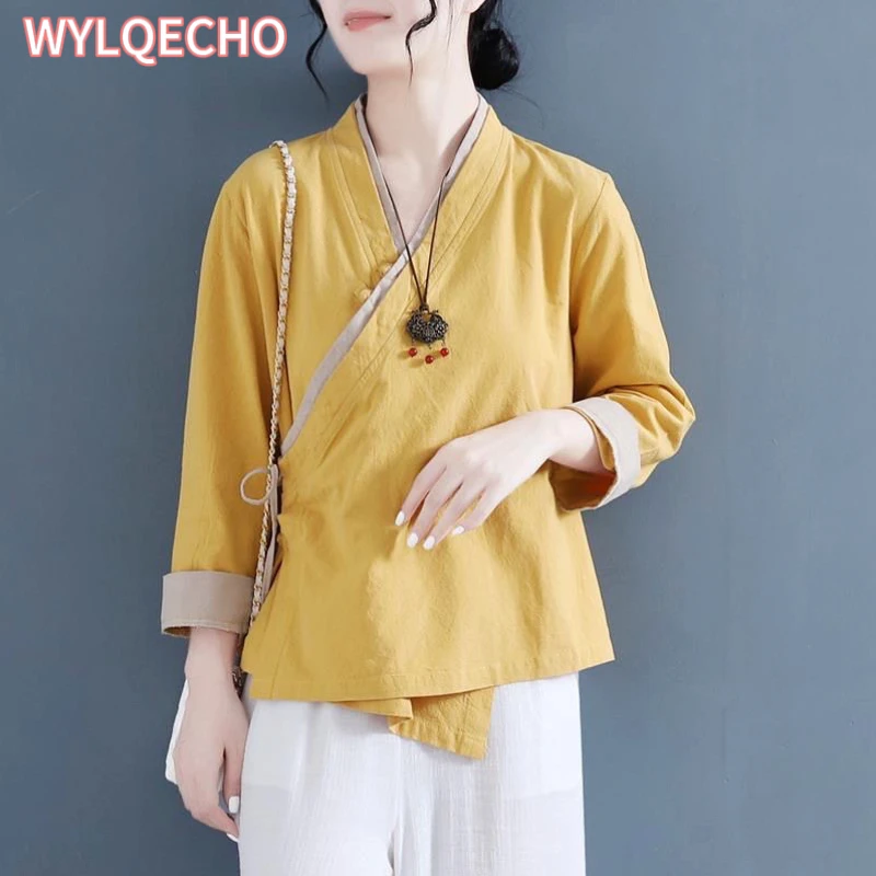 4XL Cotton Linen Shirt Women's Spring Ethnic Harajuku Tang Suit Top Vintage Embroidery Loose Chinese Style Tradition Blouse NEW