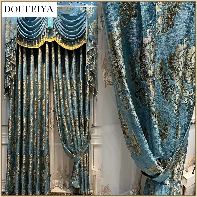 

Custom Size European Chenille Blue Embroidered Valance Luxury Curtains for Living Room Bedroom Dining Blackout Tulle Window