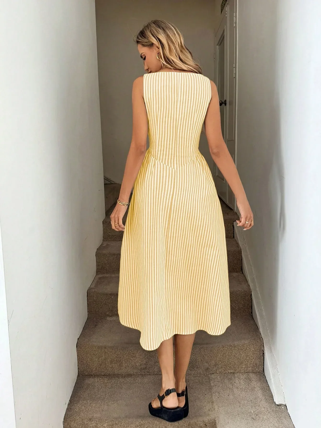 Neues Y2K Sommer-Urlaubskleid aus Leinen für Damen, ärmellos, vertikal gestreift, hohe Taille, A-Linie, Midi, lässiges Swing-Kleid mit Taschen – Detail 8