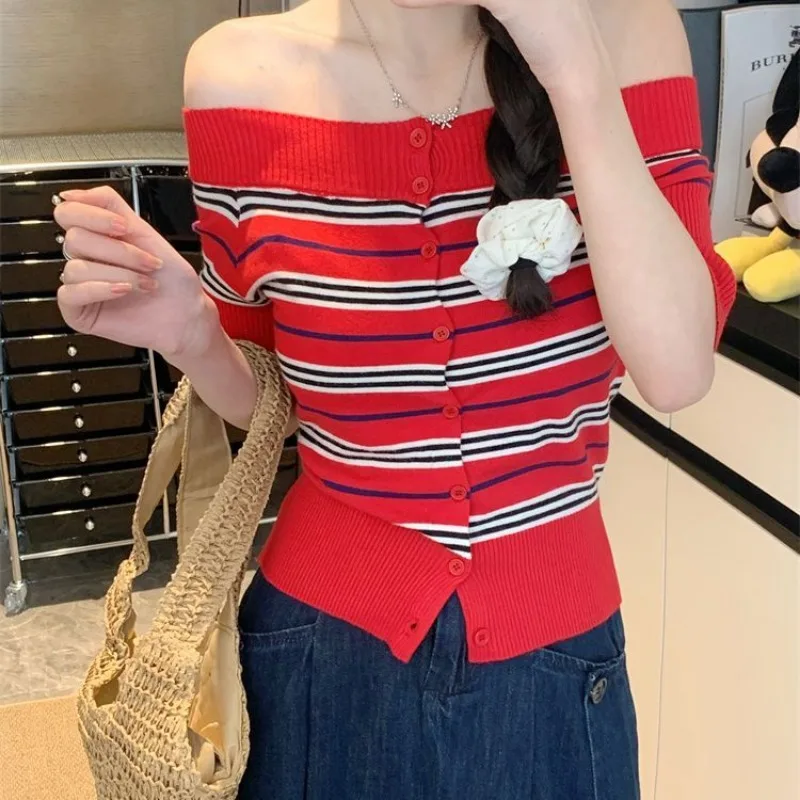 Nice Women Clothing Autumn Fashion Korean Button Striped Slash Neck Female All-match Temperament Knitting Appear Thin Slim Top T