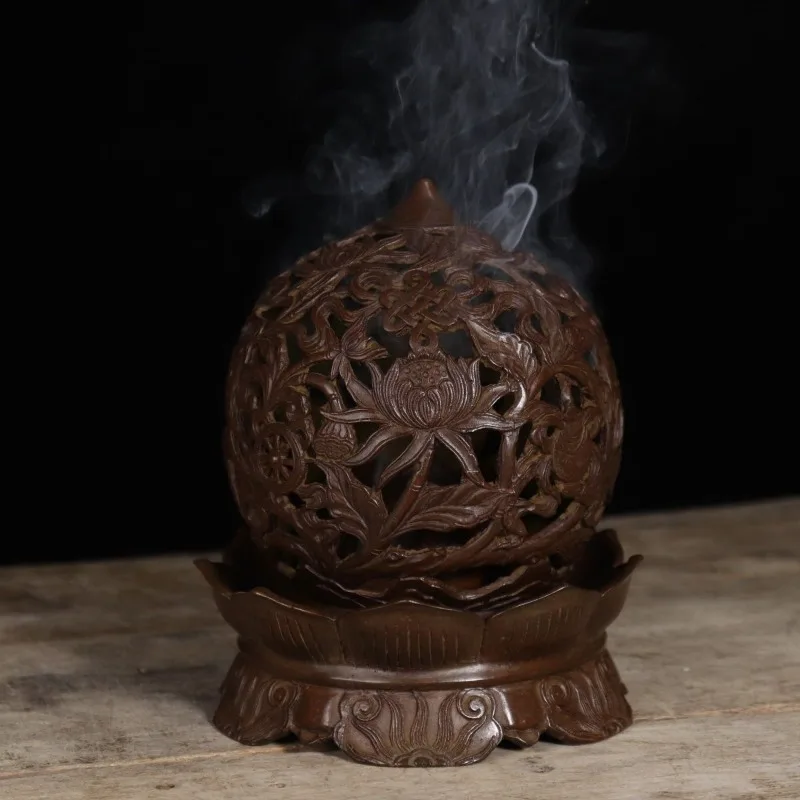 Antique Openwork Lotus Incense Burner Spherical Censer with Lotus Base Zen Aroma Furnace for Tea Room Home Decor