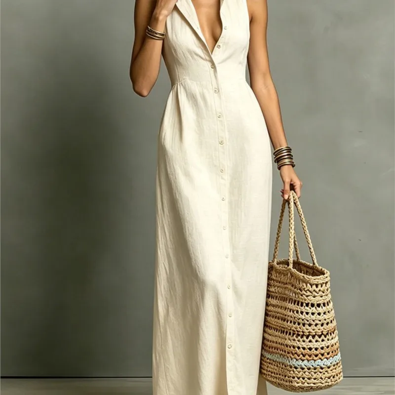 Fashion V-neck Shirt Dress Women New Slim Single Breasted Sleeveless Long Dress Female Summer Casual Party Dresses Vestidos