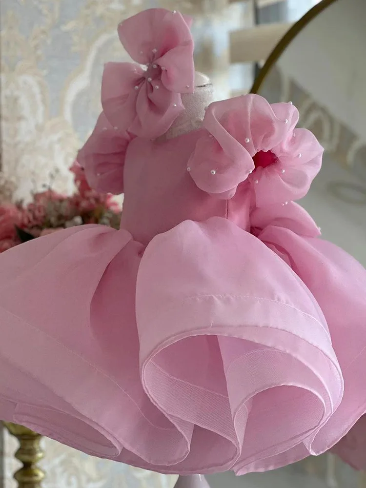 Prinzessin Rosa Blumenmädchenkleid für Hochzeit Tüll Puffy Perlen Kurzarm mit Schleife Mädchen Klavier Performance Formelle Ballkleider