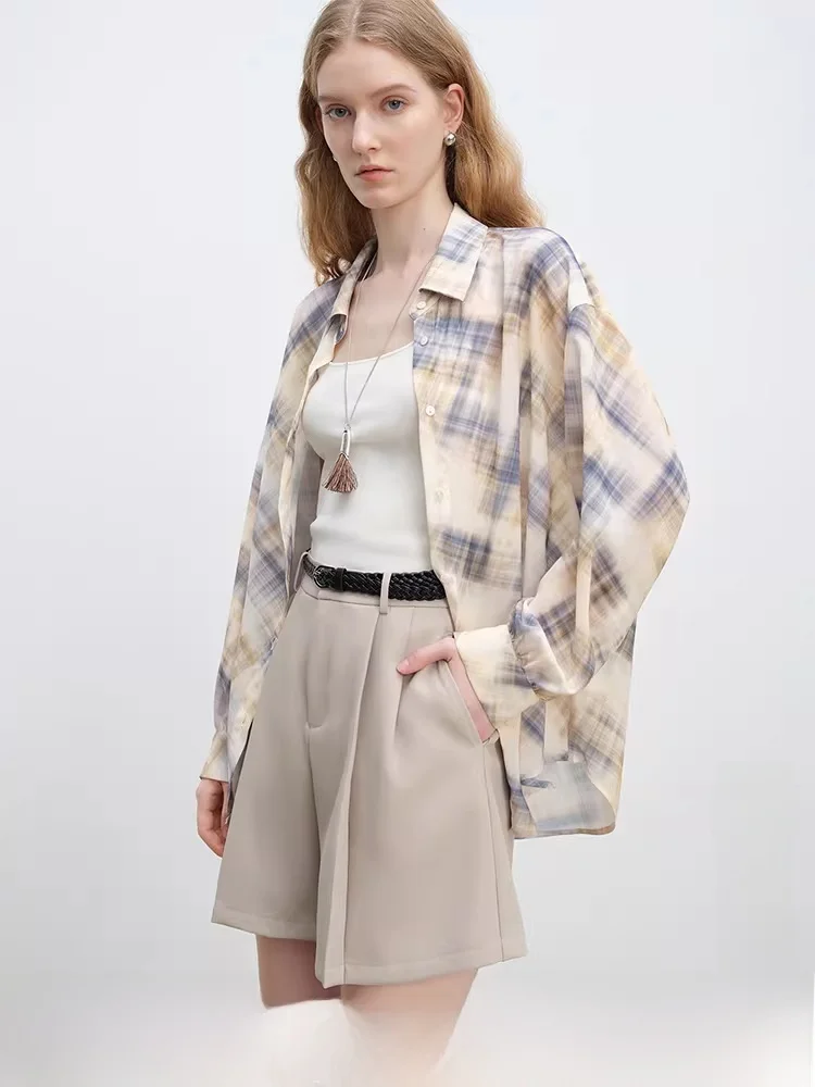

Self-Ele Plaid Design Bal Long Sve irt Women's Loose Fit irt Summer 2025 Polyester Fiber Commute Sle