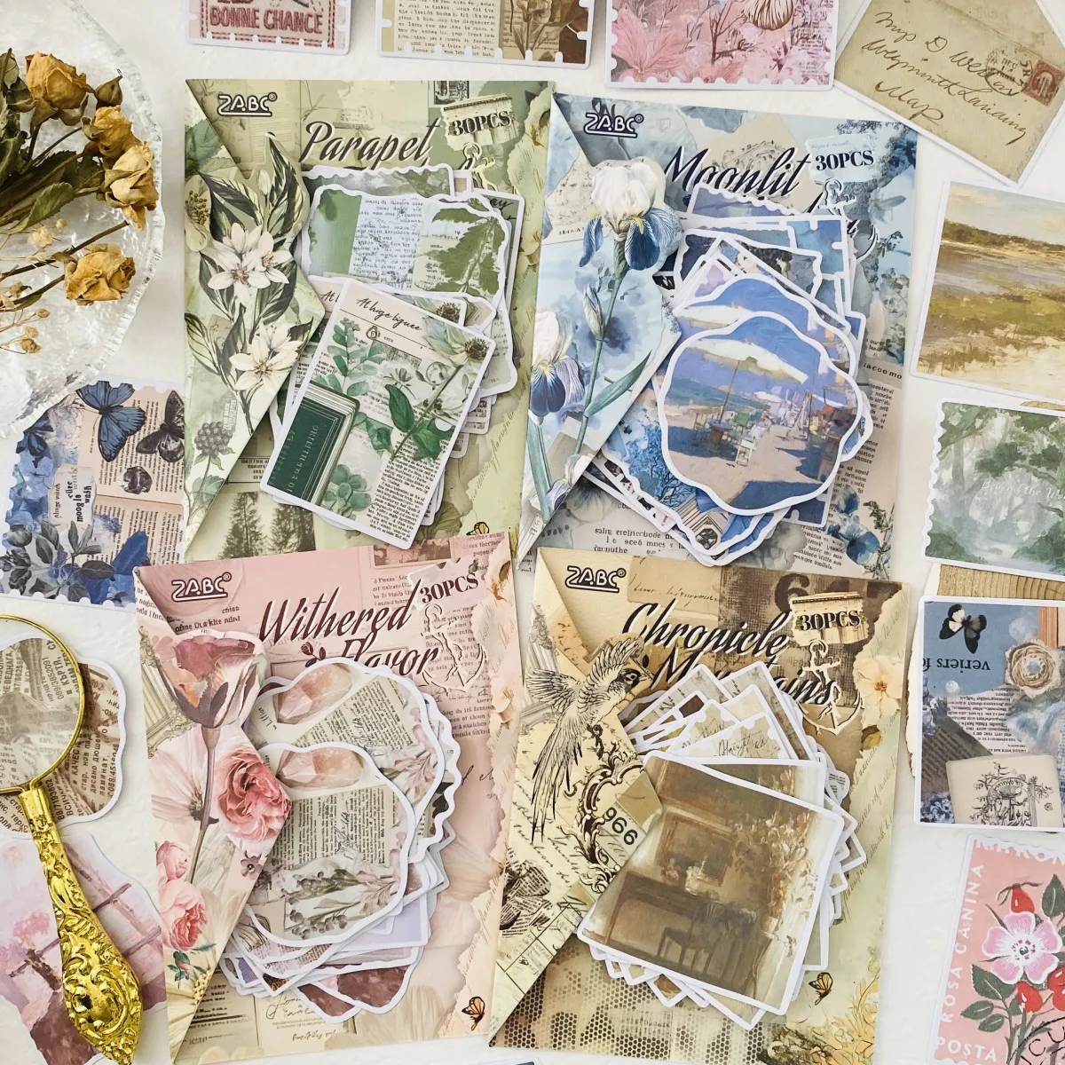Journamm 30pcs Vintage Pre-Cut Sticker Paper Material for Scrapbooking Junk Journal Planner Embelishment Hand Account Sticker