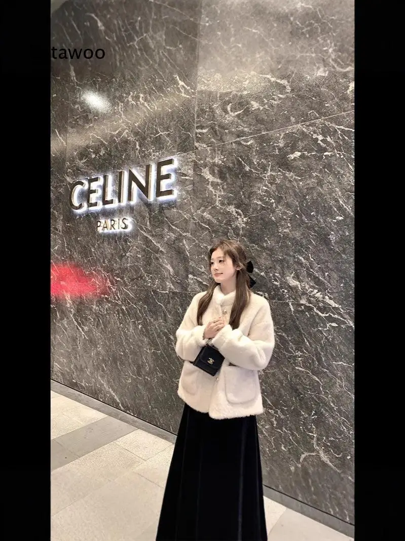 Women Korean Style Loose Warm Faux Mink Fur Coat Thick Furry High Collar Tweed Style Overcoat For Winter Daily Outdoor Commute