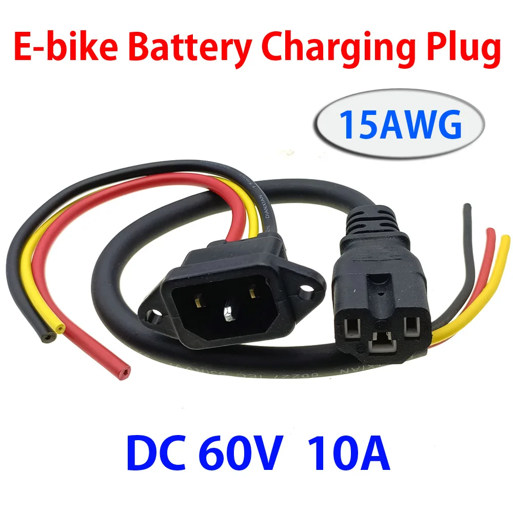 

Battery Connector Plug Three Vertical Charging Socket With Wires 10A Cable 15AWG For 36V 48V 60V Universal E-bike Scooter