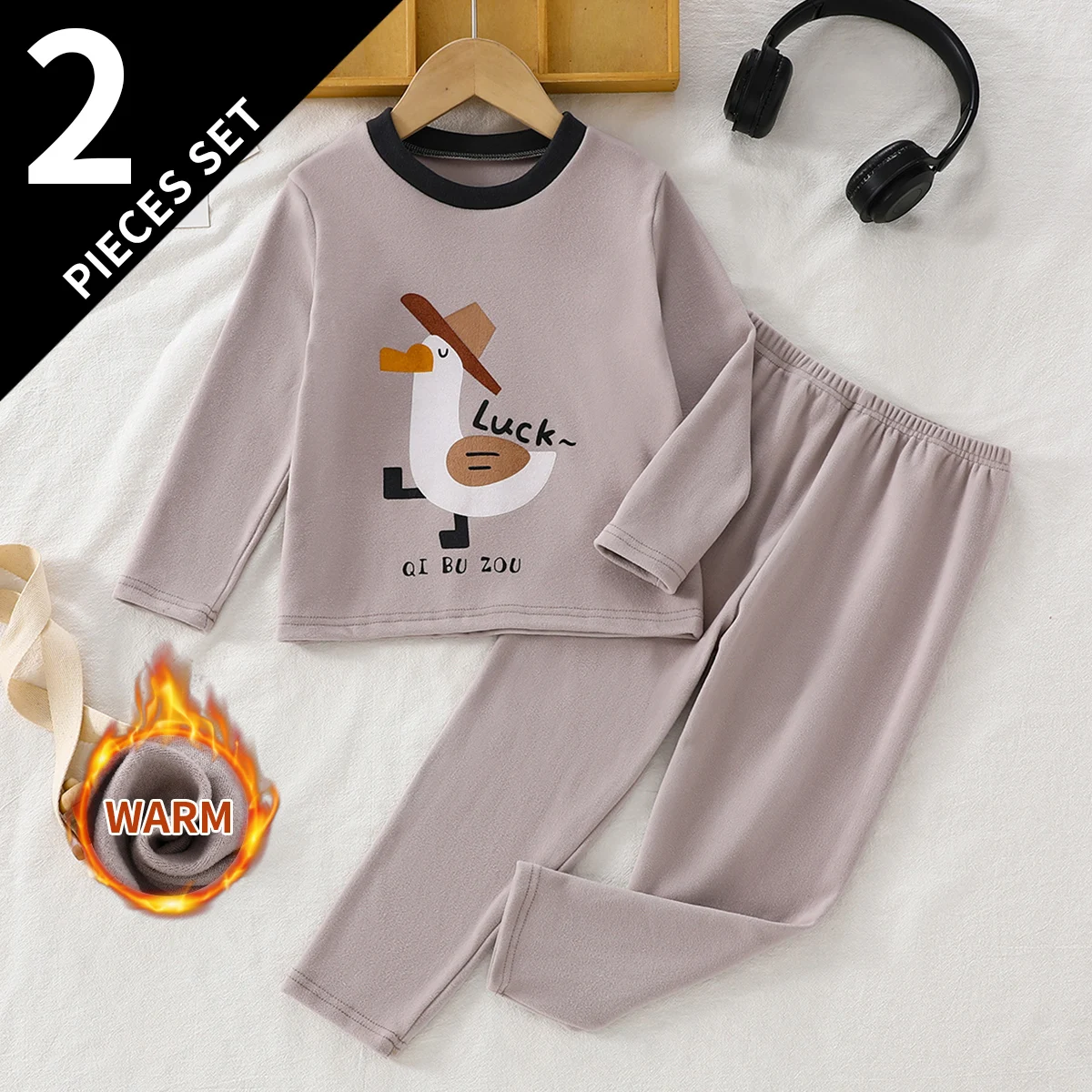 2-Piece Children's Warm Suit For Autumn And Winter Casual Daily Home Cartoon Pattern Solid Color Multi-Color Fashion Boys/Girls