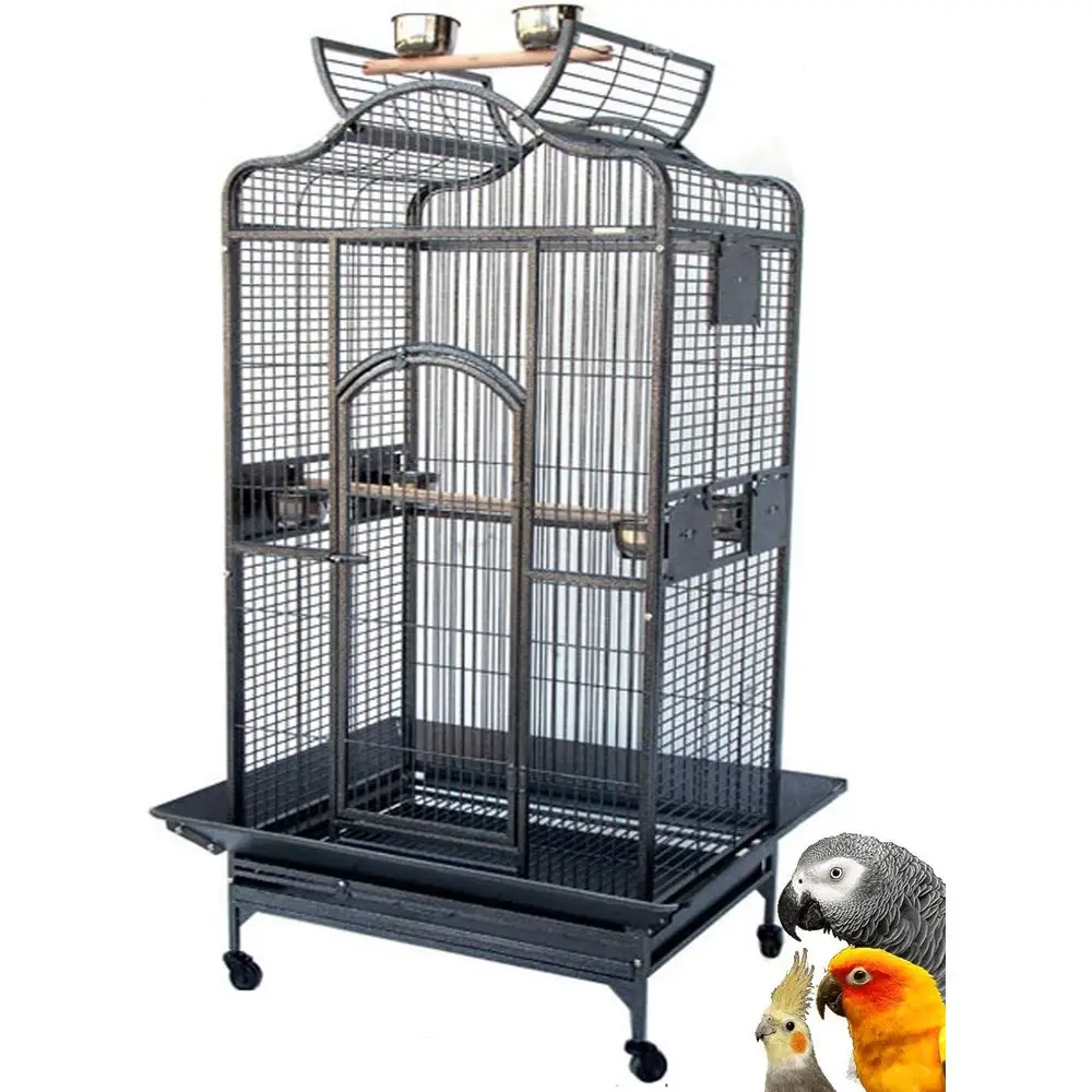 

Extra Large Elegant Wrought Iron Open/Close Dome Top Perch Stand Bird Parrot Finch Macaw Cockatoo Rolling Cage (BlackVein, 35.5"