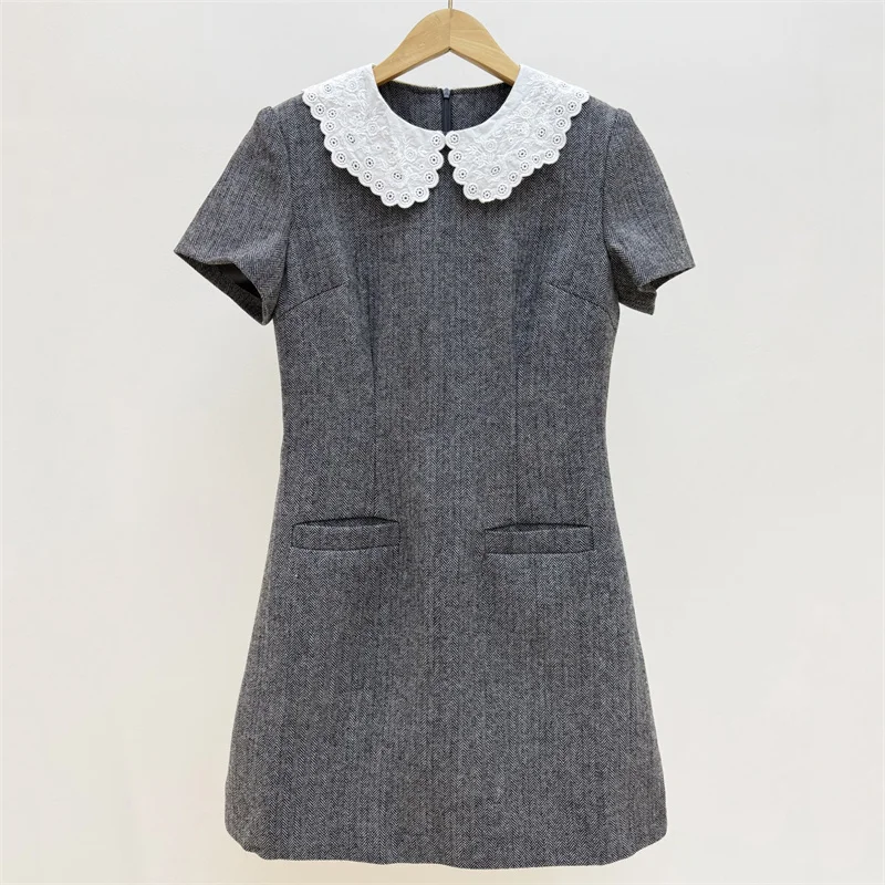 

Women's dress New lace patchwork mini dress for spring 2026 Wool blend short dresses Short sleeved slim fit party dresses y2k