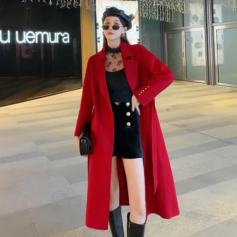 Office Lady Woolen Jackets 2025 Autumn And Winter Elegant All-Match Lace Up Loose Long Women's 100% Wool Coats