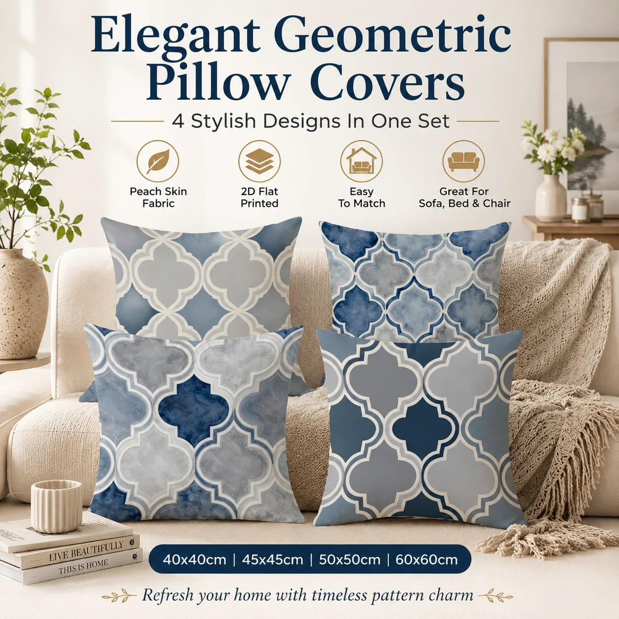 Watercolor Blue Geometric Cushion Cover 2D Flat Printed Peach Skin Pillowcase for Couch Chair Bed Sofa Home Decoration view 6