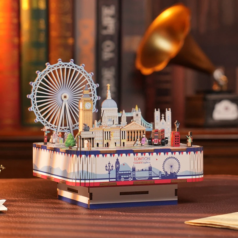 DIY 3D Wooden London Street View Music Box Miniature Model Kits Jigsaw Puzzles With Light Can Move for Friends Birthday Gifts