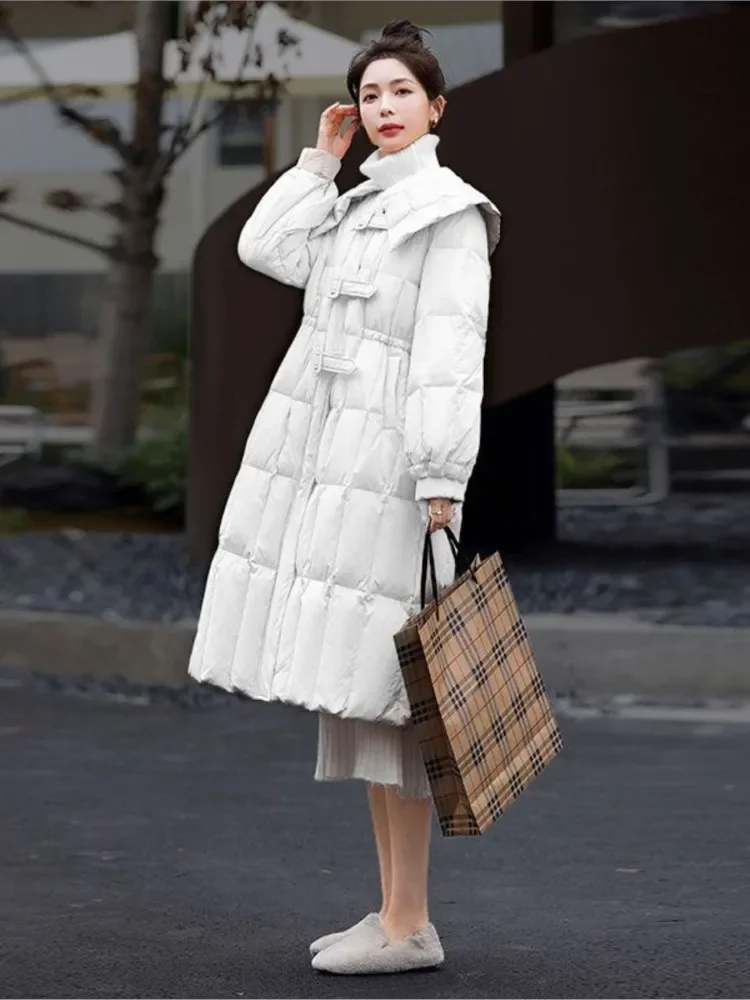 

White Down Jacket 2023 Winter Women's Clothing Korean Fashion Doll Collar Long Coat Buttons Pocket Puffer Jacket Warm Outerwears