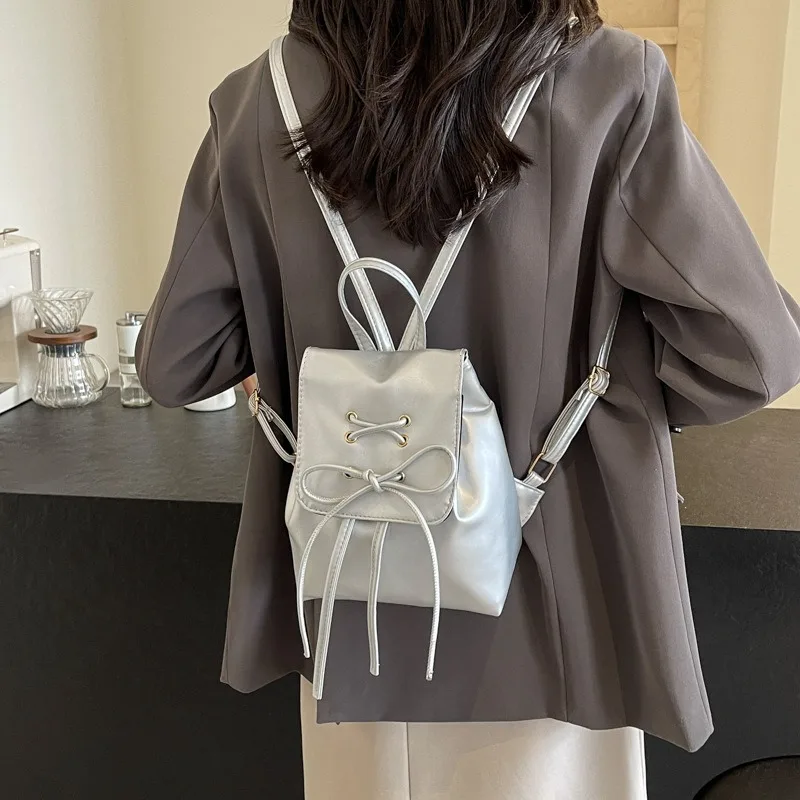 PU Leather Women Fashion Versatile Backpack New Large Capacity Solid Color School Bag Mini Drawstring Backpack Women