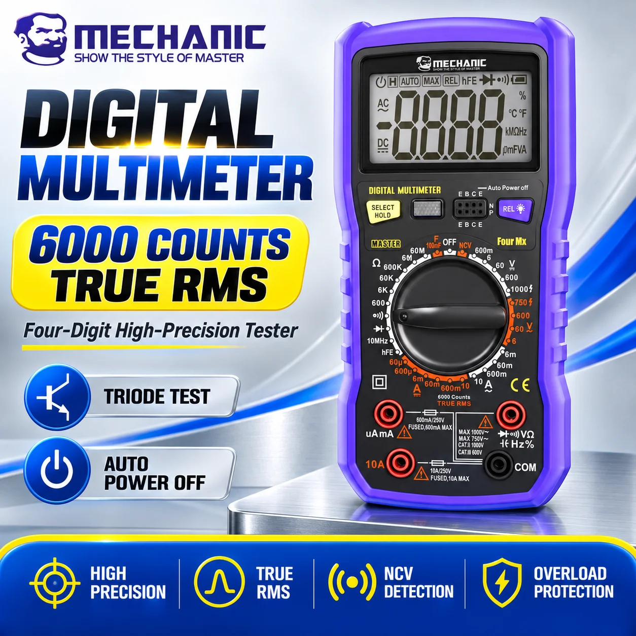 MECHANIC Four Mx True RMS Digital Multimeter 6000 Counts NCV Diode Test Data Hold Auto Power Off for Electronics Circuit Repair