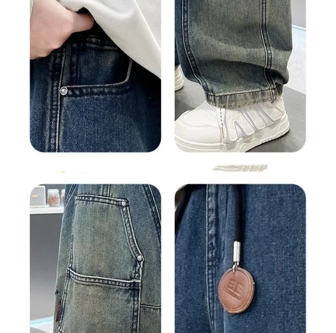Teenager Boys Hip-Hop Harajuku Retro High Street Gradient Jeans for Kids Child Fashion Baggy Blue Denim Pants Casual Trousers