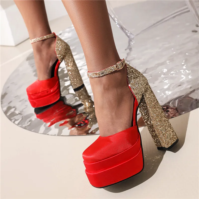 

Platform Sexy Banquet Square Sandals 2025 Summer Street Catwalk Bling Buckle Thick High Heels Fashion Ladies Party Casual Pumps