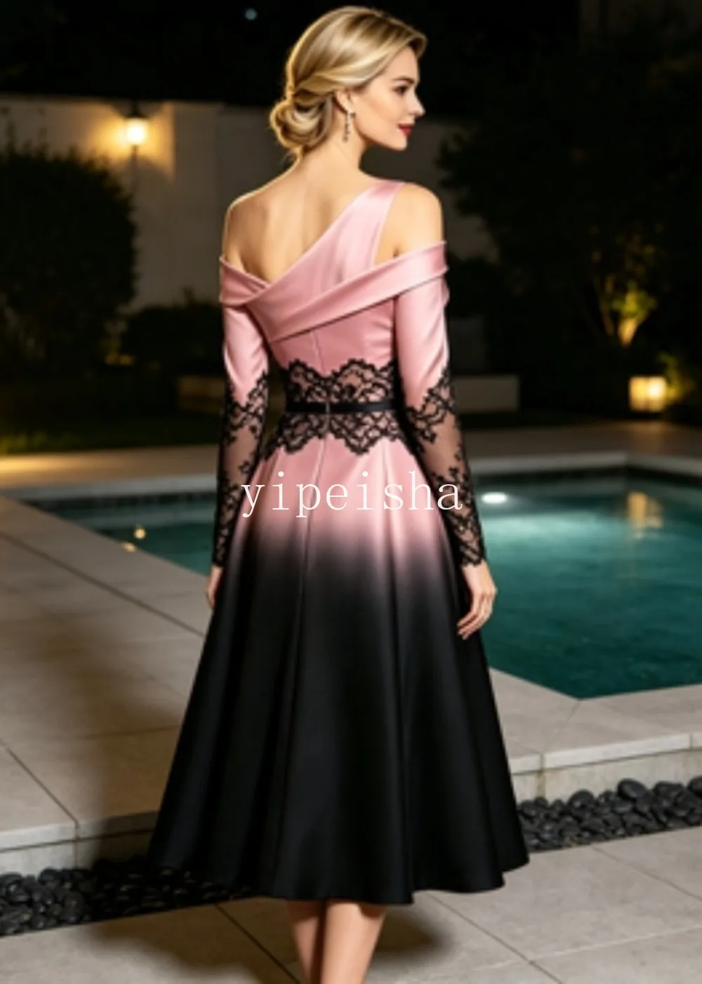 Customized Pink Black Gradient Satin Midi Evening Dress One‑Shoulder Asymmetrical Neck Black Lace A‑Line Swing Formal Party Gown