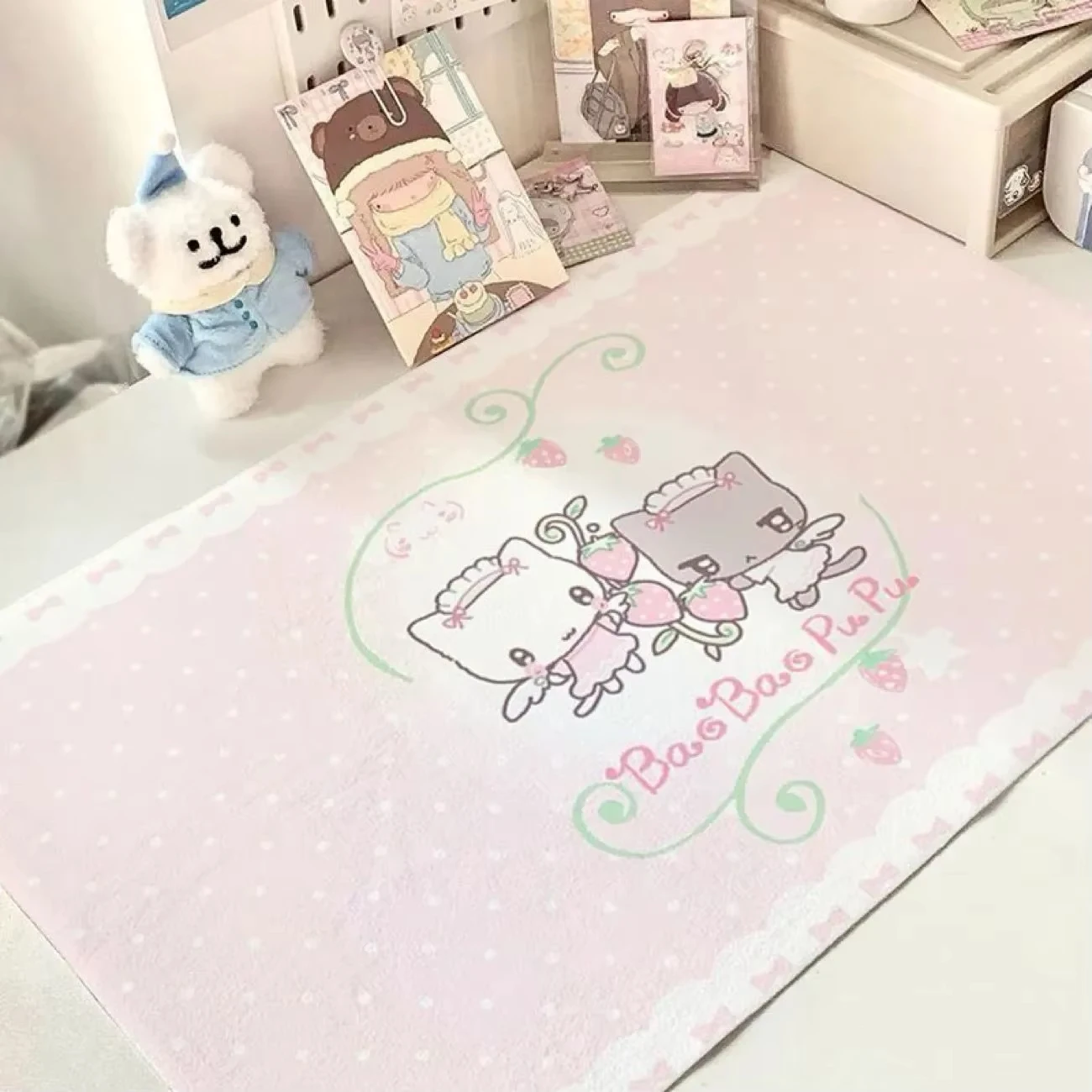 Cute Pink Cat Strawberry Polka Dot Y2K Pu Leather Mouse Pad Waterproof Desk Mat Gaming Keyboard Protector Dorm Table Mat Decor