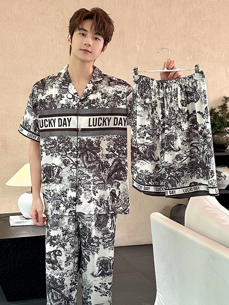 Ice Silk Sleepwear Men's Summer Thin Short Sleeve Set Luxury Watercolor Silk Lightweight Spring Autumn Home Clothes