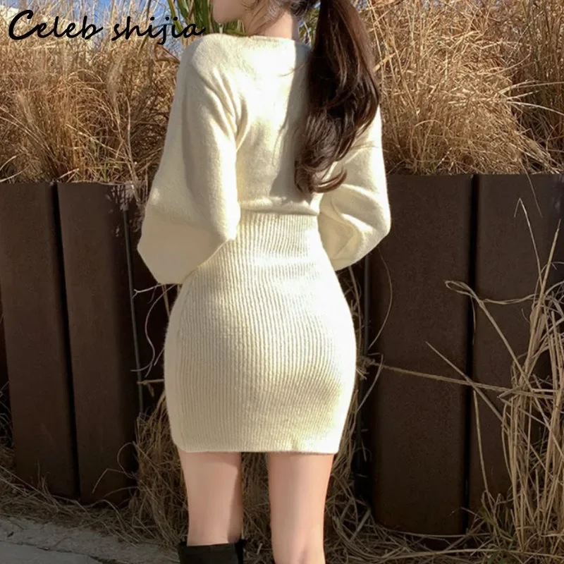 Chic Mini Knitted Dress Women Lantern Sleeve Autumn V Neck Cross Wool Vestido Korean Elegant Apricot Soft Knitwear Winter