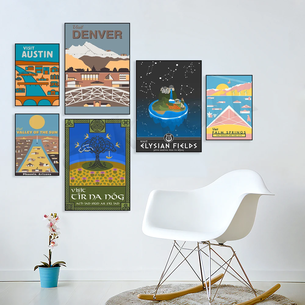 Phoenix Arizona,Athens Georgia Hipster Town ,Boise Idaho,Brooklyn,Denver ,Palm Springs,Portland,Elysian Fields  Travel Poster