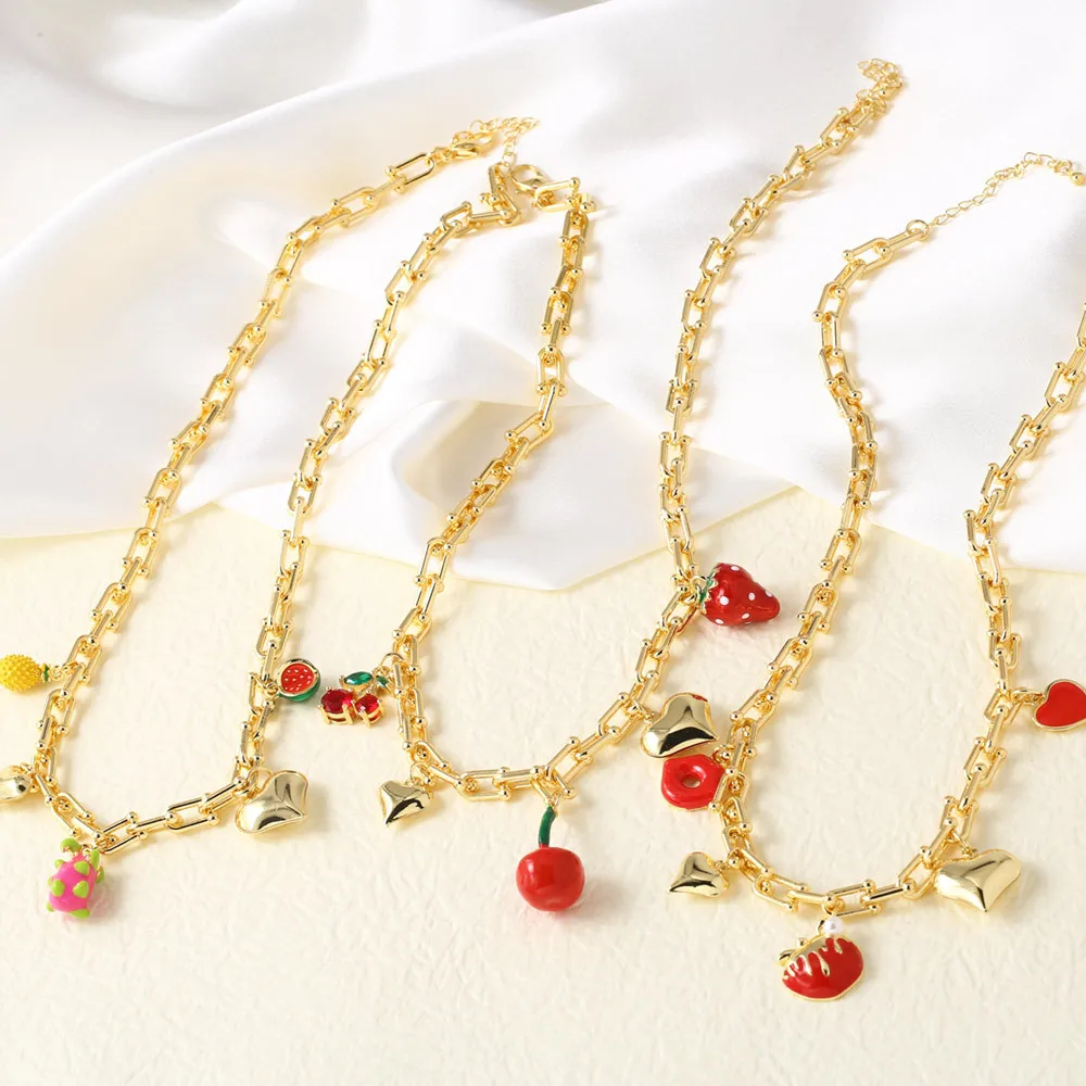 5Pcs Statement U Shaped Clavicle Chain Heart Cherry Strawberry Fruit Necklaces Chokers for Women Gold Plated Jewelry