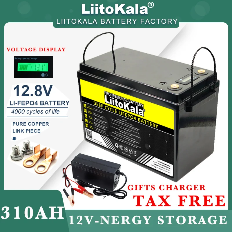 12.8V 310Ah LiFePO4 battery with 12V 4s BMS For RV Campers Golf Cart Off-Road Solar Wind batteries 14.6V 20A Charger duty-free