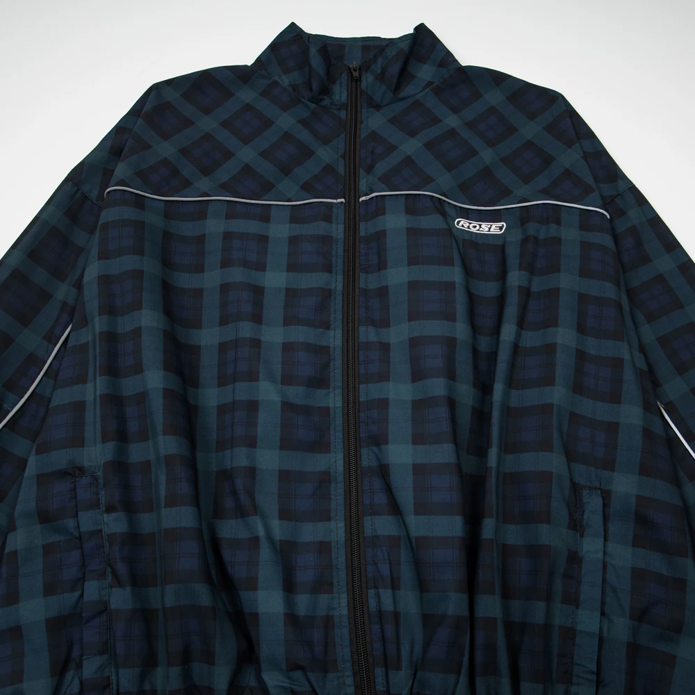 Vintage Streetwear Clothing Man Y2k Plaid Pattern Zipper Jackets with Letter Embroidery Street Style Casual Retro Zip Up Jackets