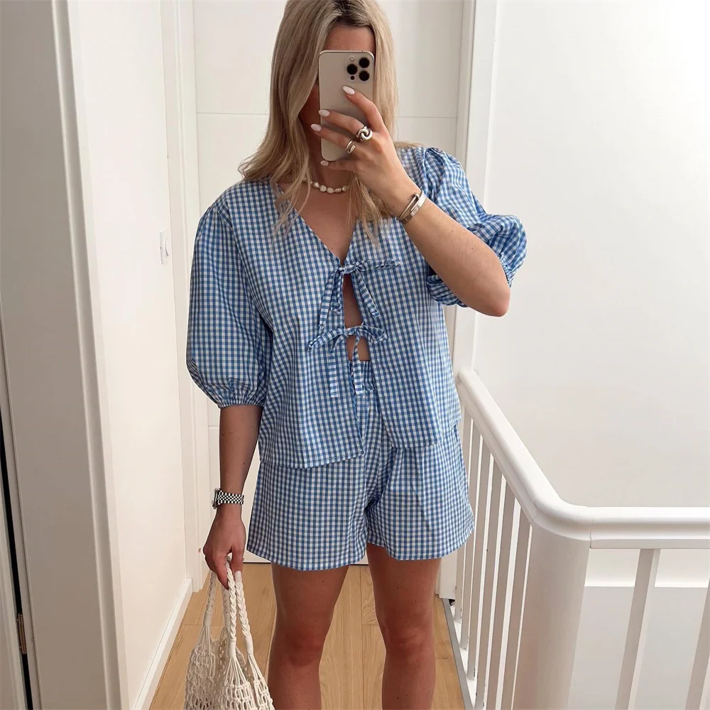 European and American Style Women\'s Summer New 2024 Fashionable Temperament Round Neck Tie Plaid Knot Top and Shorts Set