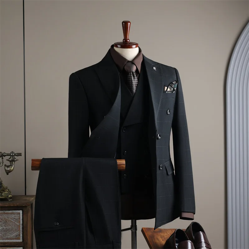 

KIDWHXR комплект костюма, мужской клетчатый двубортный пиджак, мужской жилет с отложным воротником, прямые брюки, мужской тонкий наряд из трех предметов