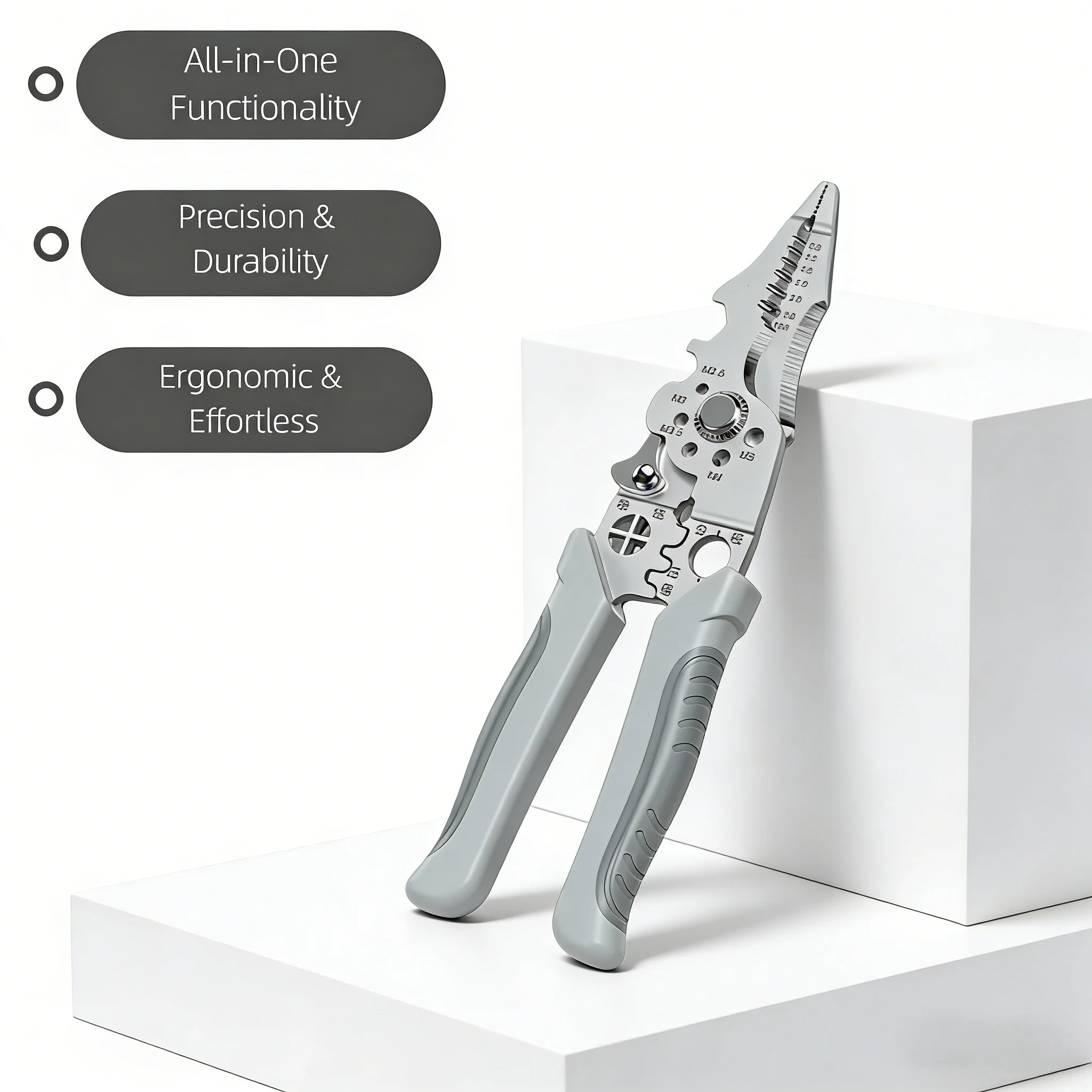 Ergonomic handle 8.5-inch multi-functional industrial wire stripper crimping device, heavy-duty stainless steel electrical clamp