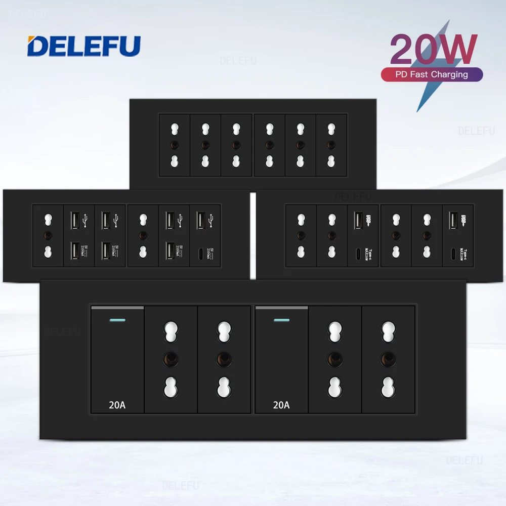 DELEFU Flame Retardant SC31 Panel 195mm Black Italian Standard USB Type C Fast Charging Wall Socket Switch TV Phone CAT5 CAT6