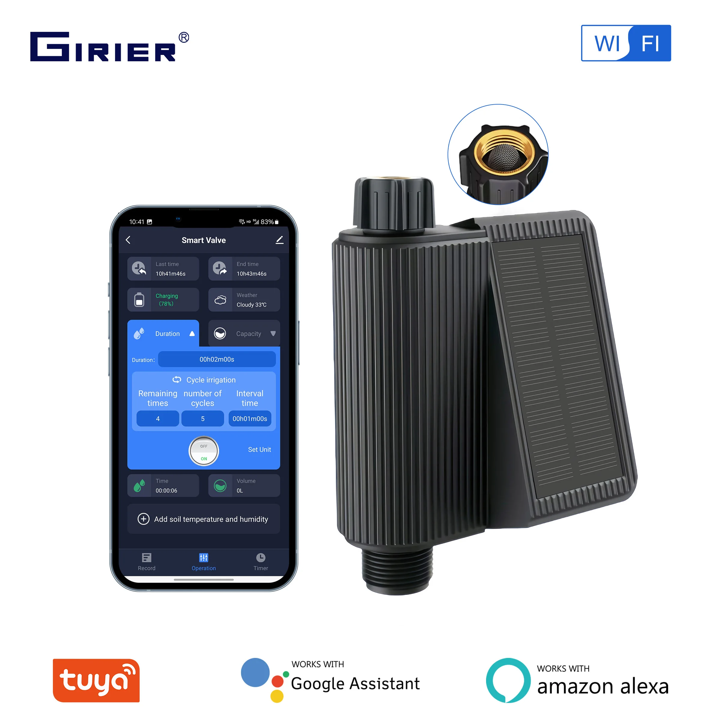 Girier Tuya Smart Water Timer Op Zonne-Energie Wifi Programmeerbare Sprinkler Timer Met Messing Inlaat Voor Automatisch Irrigatiesysteem