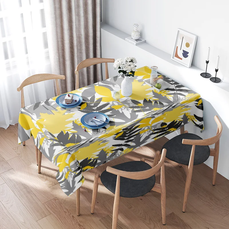 Modern Floral Tablecloth Bold Yellow Gray Design for Dining Tables 150cm x 240cm Durable Washable Polyester Fabric Decoration Ho