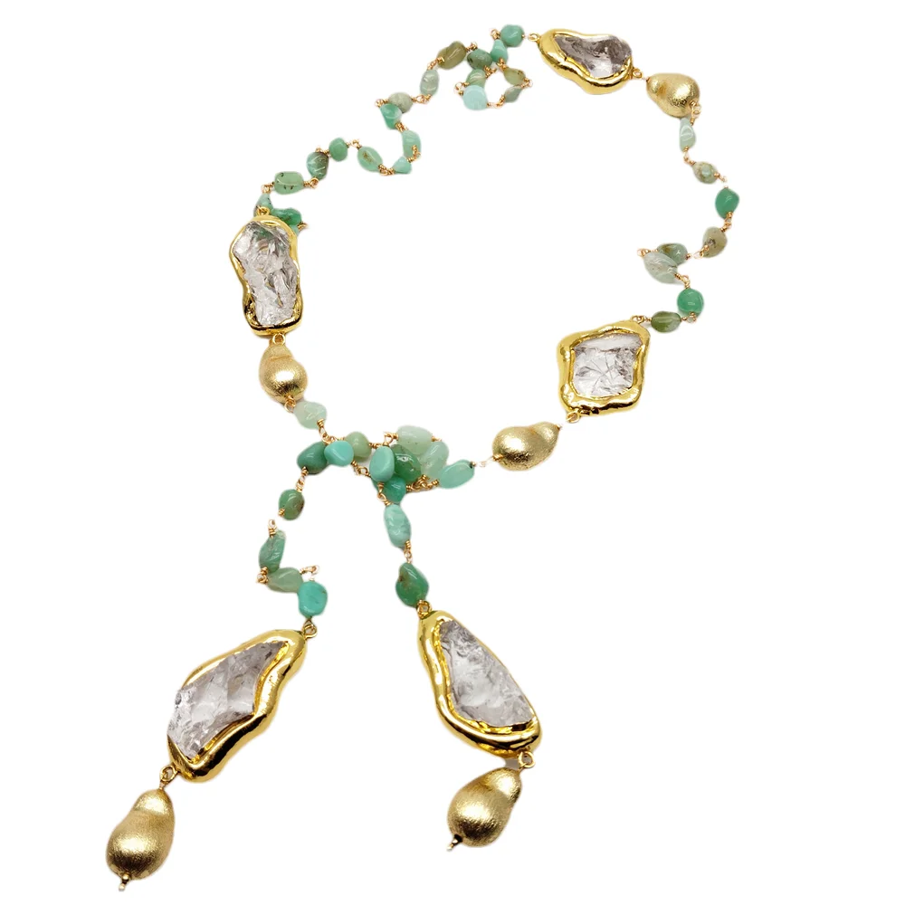 

YYGEM 7x11mm Green Chrysoprase 20x40mm Clear Quartz Raw Long Necklace Gemstones Jewelry For Women Long Fashion Accessory