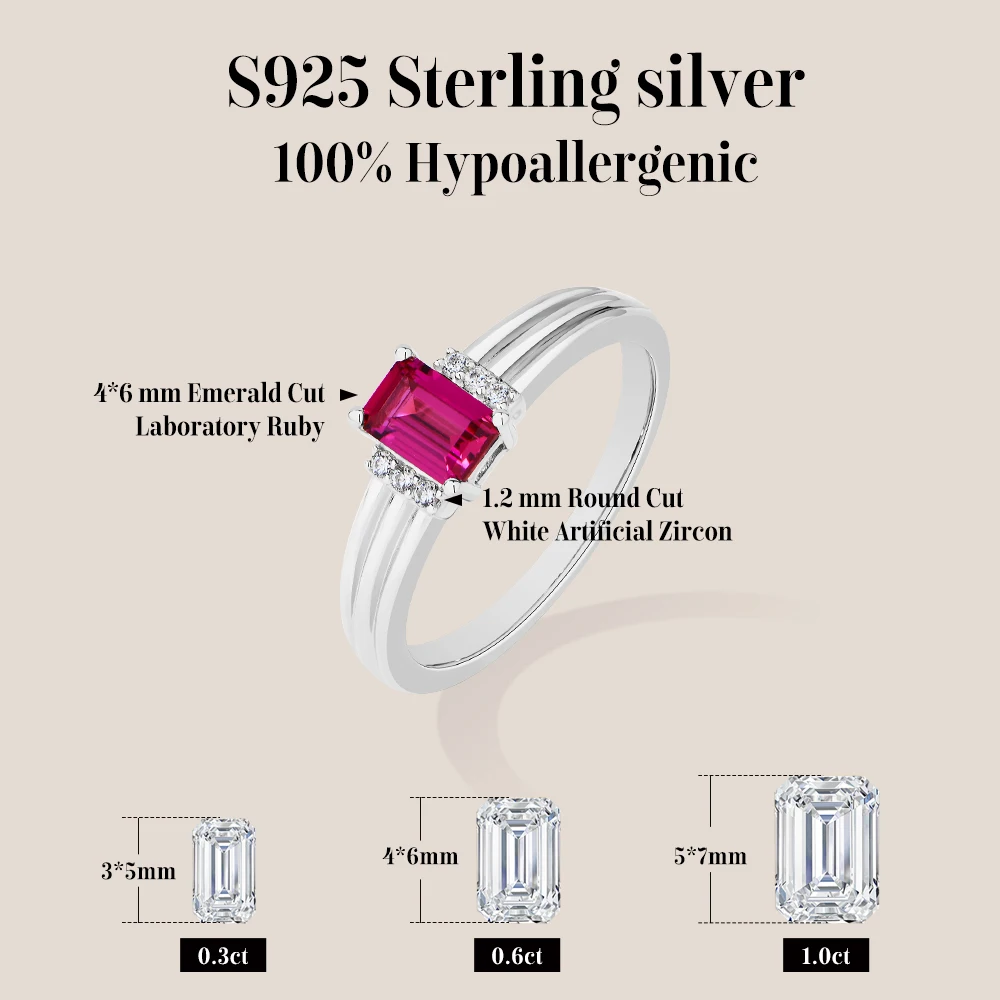 ATTAGEMS Emerald Cut 1CT 5x7mm Lab Grown Ruby Rings for Women Original 925 Sterling Silver Ring Engagement Party Classic Jewelry