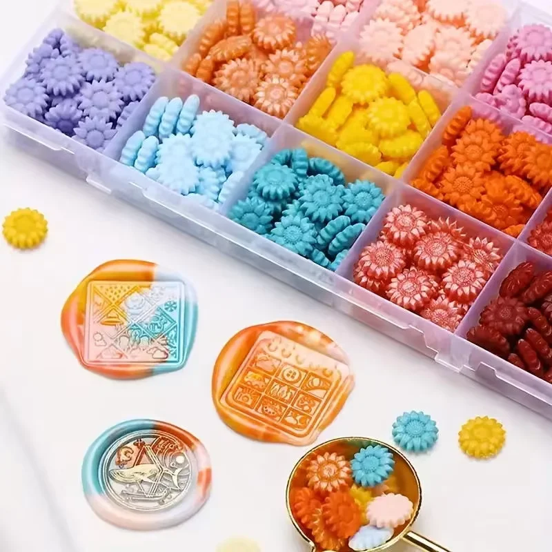

600Pcs Box Sealing Wax Beads, 24 grids Octagon Sunflower Sealing Wax Pellets for Wax Seal Stamp, Letter Wax Seal Kit for Letter
