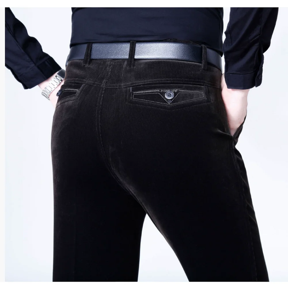 남성용 하이웨이스트 코듀로이 팬츠 가을 겨울 비즈니스 플란넬 바지 신축성 있는 허리 편안한 착용감 플란넬 바지