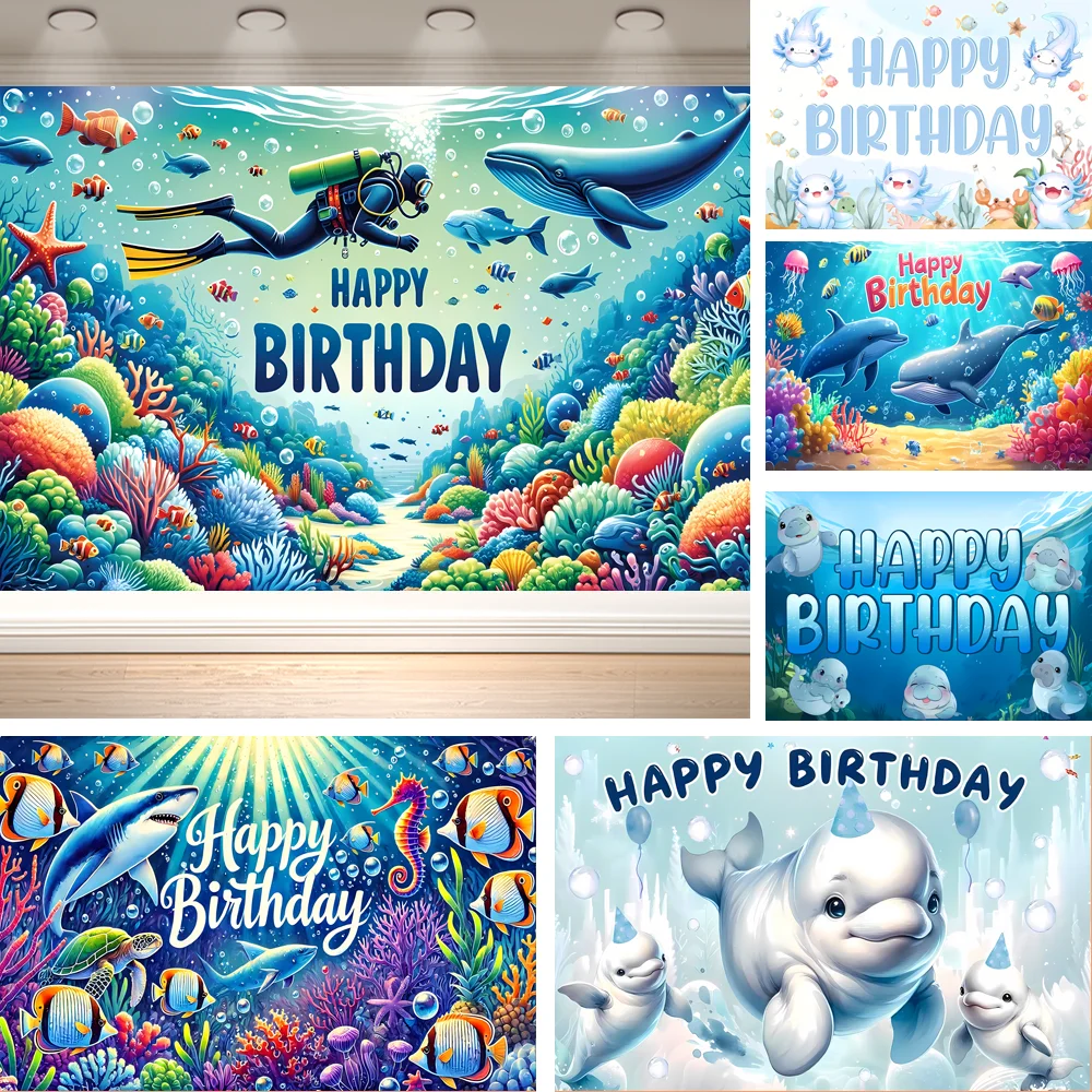 Dewprint Cartoon Underwater Ocean Birthday Backdrop Diver Whale Coral Fish Dolphin Kids Birthday Party Banner Decor Supplies