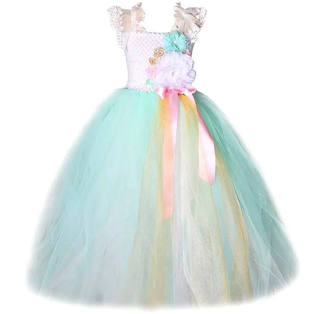 

Mint Green Flowers Long Costumes for Girls Pageant Tutu Dress Kids Wedding Birthday Princess Ball Gown with Lace Shoulder Straps