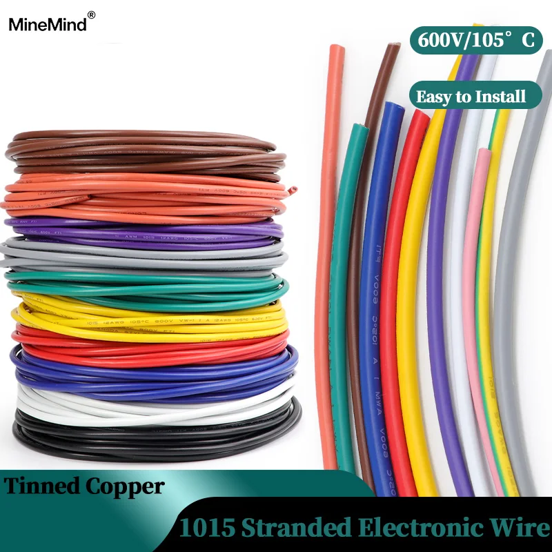 1/5/20m AWG 24 22 20 18 16 14 12 10 8 1015 Electric Wire DIY Lamp Lighting Line 600V 105℃ PVC Insulation Tinned Copper Cable
