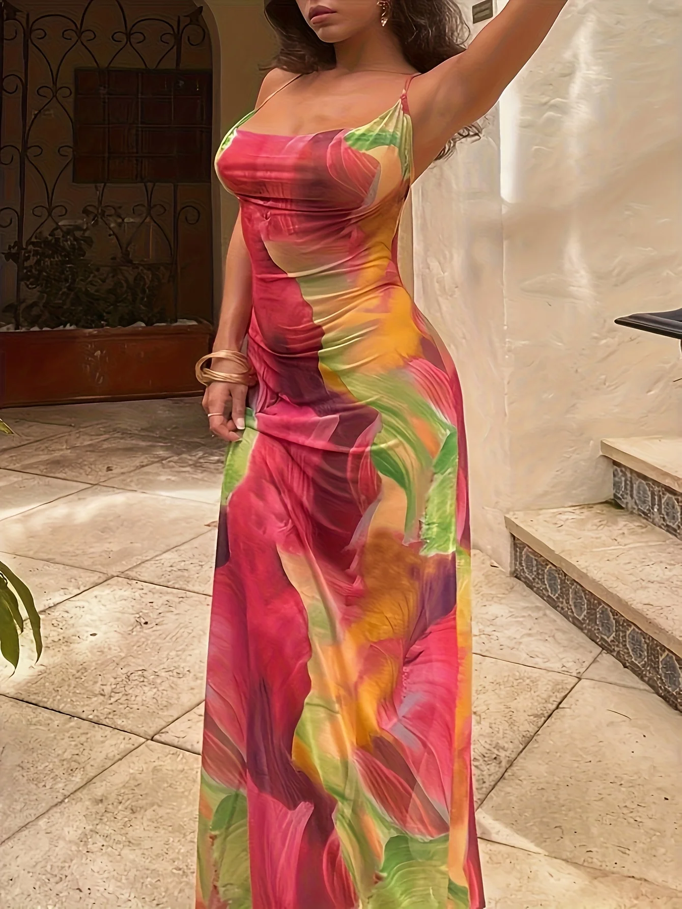 Leisure Beach Vacation Gradient Flower Print Tight and Sexy Strapless Suspender, Loose Hip Hugging Skirt, Long Skirt