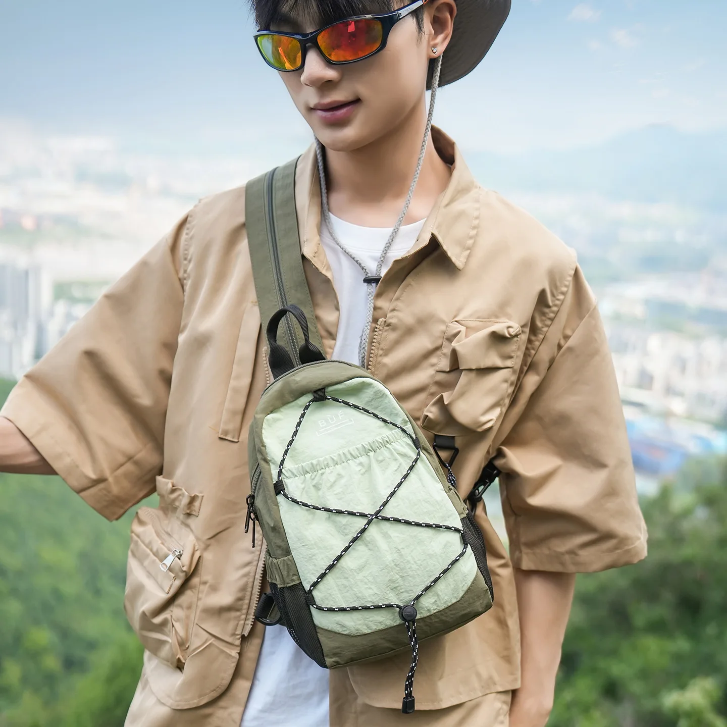 Waterproof Nylon Mini Backpack with Side Pockets Casual Crossbody Chest Bag for Men Women Travel Sport Daily Outings