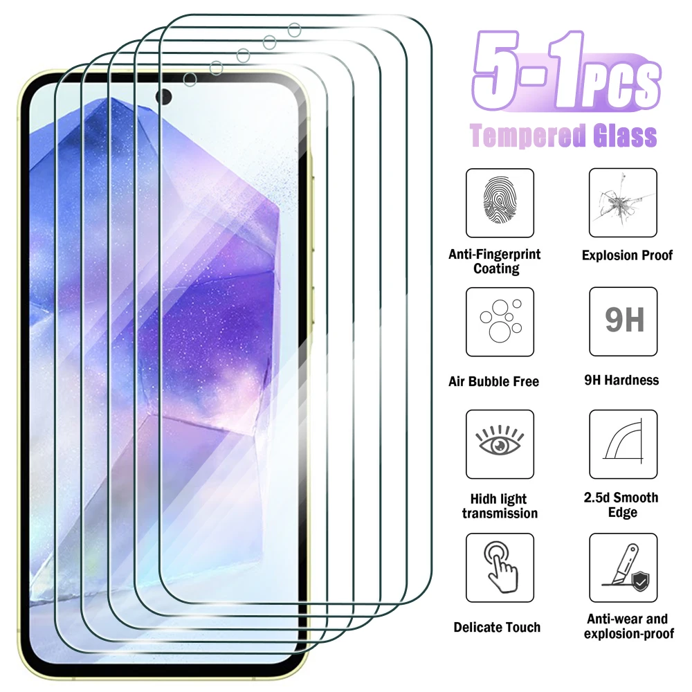 5-1Pcs Tempered Glass For Samsung Galaxy A55 A35 A25 A15 4G A05 Screen Protector for Galaxy A04 A14 A24 5G A34 A54 A04s A05s