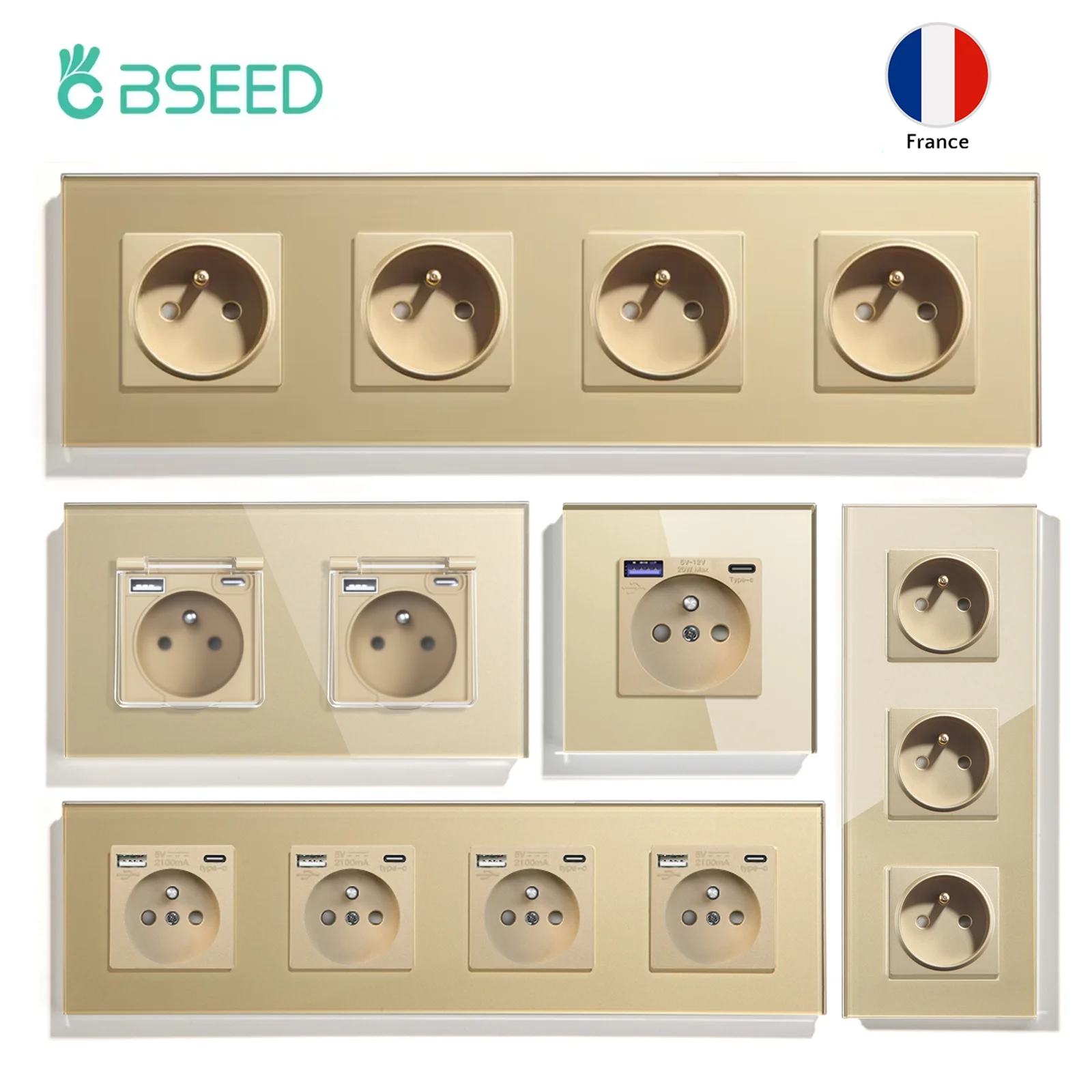 BSEED Single Electric Socket Double Power Sockets Triple Wall Socket Outlets 16A Type-c USB Ports French Standard Glass Frames
