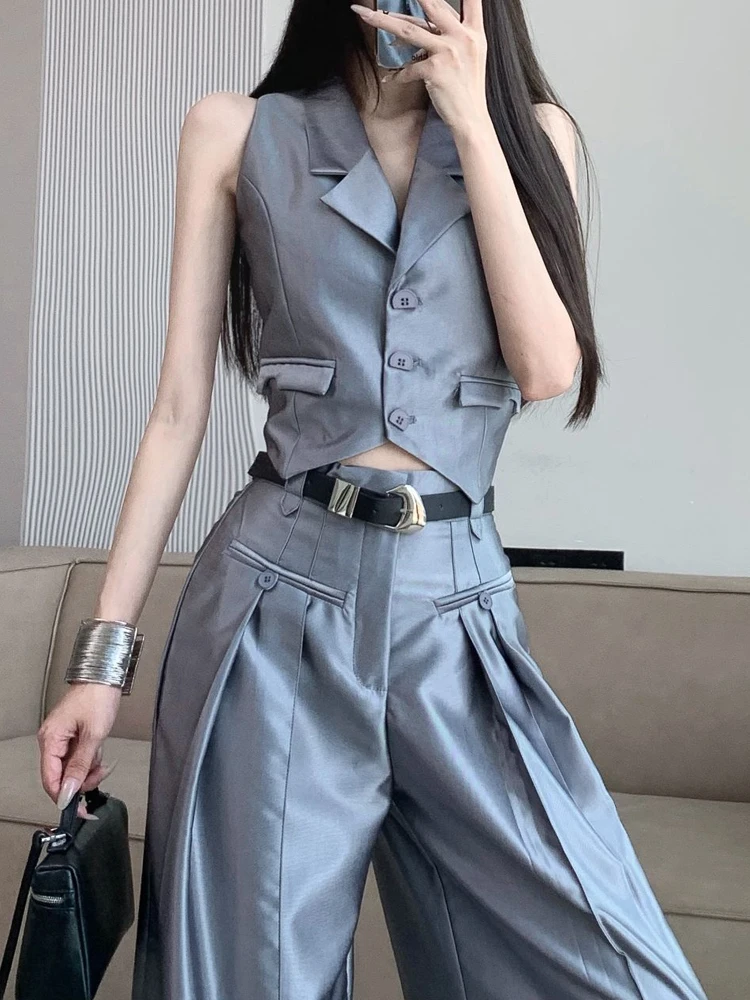 

Fashionable and high-end gray suit vest top high waist straight leg wide leg pants women's summer temperament two-piece set