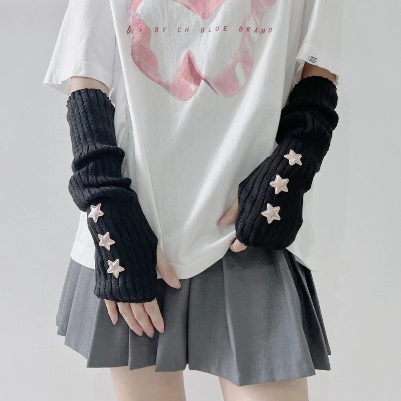 

Милые длинные перчатки без пальцев для девочек, женские зимние теплые вязаные теплые перчатки с рукавами, повседневные плюшевые перчатки с пентаграммой Y2k, уличные